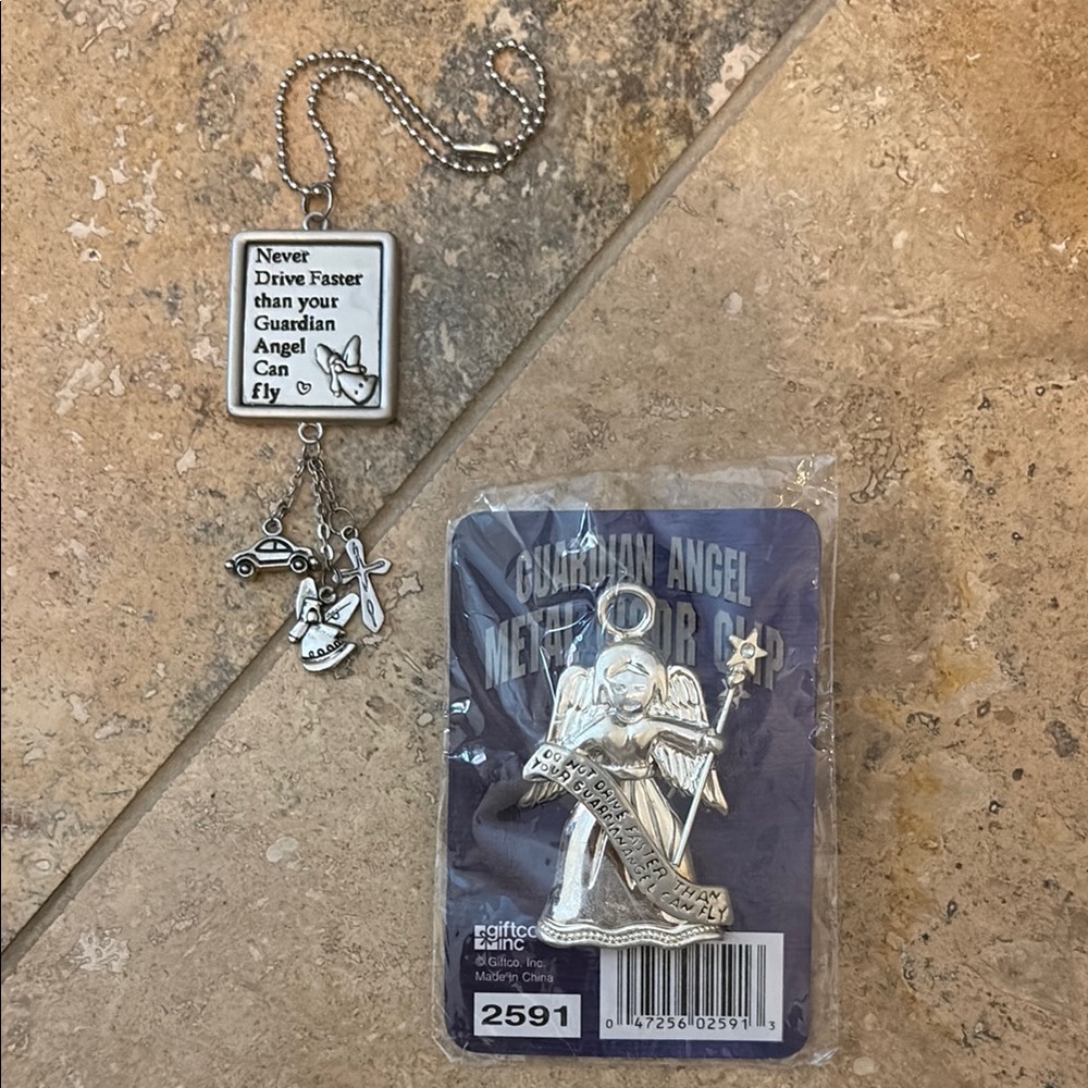 Silver Guardian Angel Visor Clip and Mirror Charm Set for Drivers
